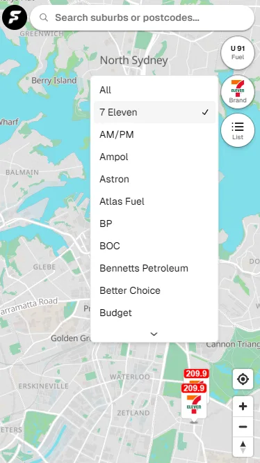 Fuelspot's Brand & Fuel Type filtering system