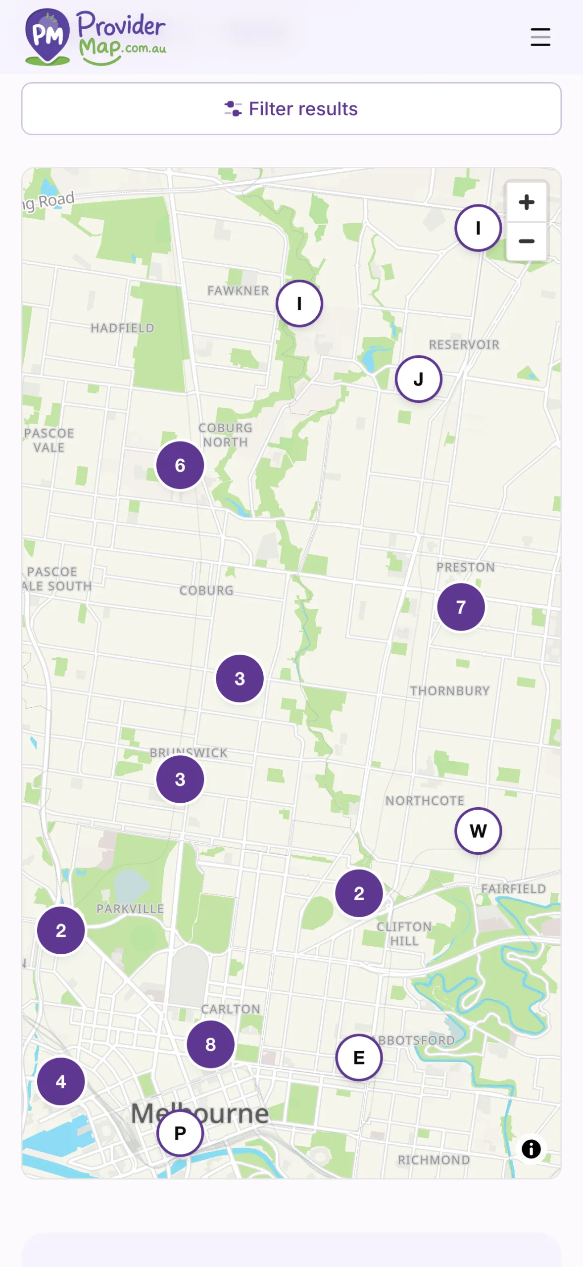 ProviderMap mobile map showing NDIS provider search results across Melbourne