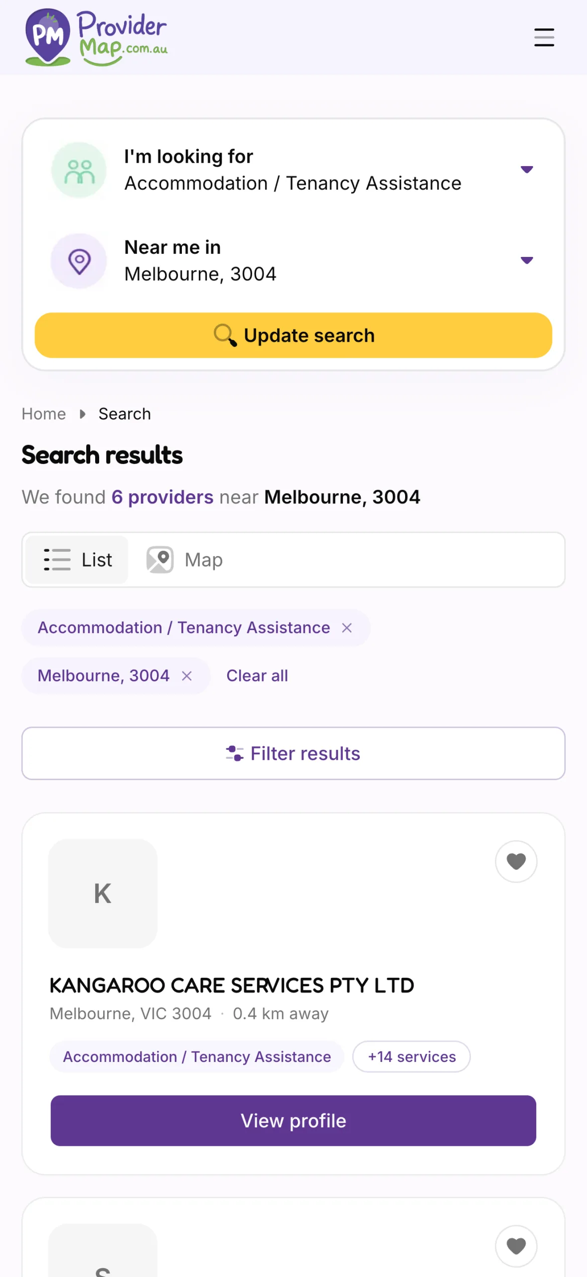 ProviderMap mobile search results for accommodation and tenancy assistance providers in Melbourne