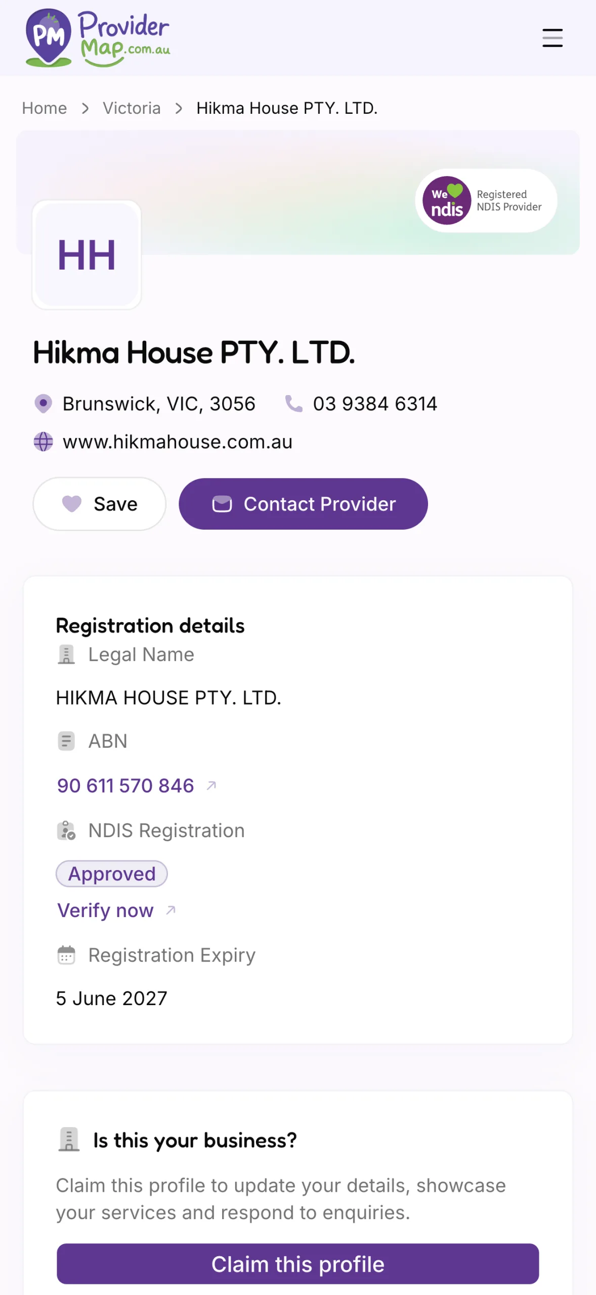ProviderMap listing for Hikma House with contact details and NDIS registration information